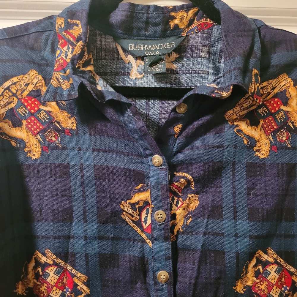 Vintage Bushwacker Women's Blue Green Plaid Gold Crest Button Down Shirt Size L